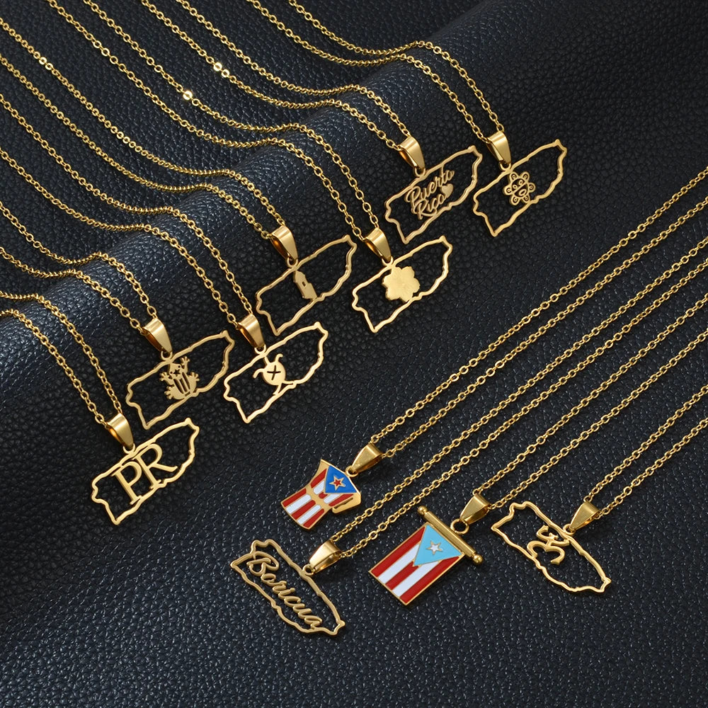 Puerto Rico mapa bandera flores máscaras Rana símbolo tradicional PR collares de hibisco para mujeres joyería de acero inoxidable # 574062