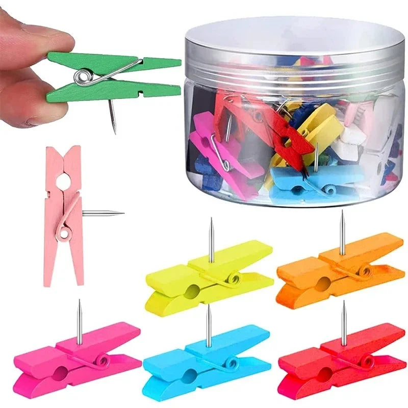 20 unids/caja Clips Pin de empuje con Clips decorativos de madera duraderos papelería para oficina y escuela chinchetas para pizarra de corcho