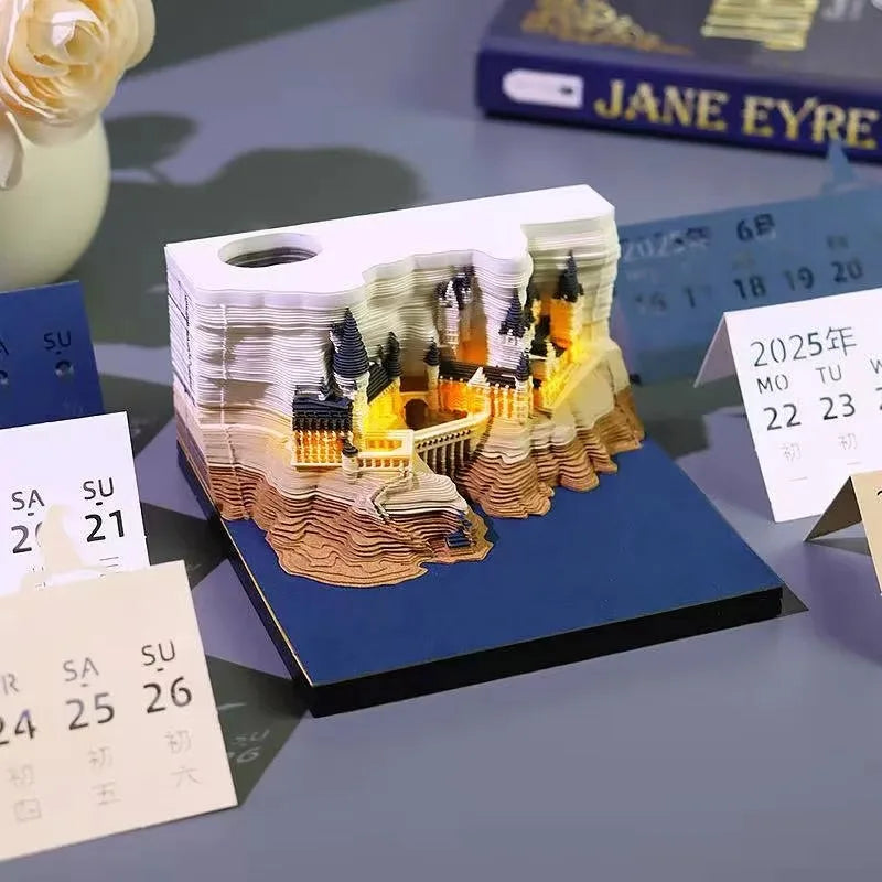 Bloc de Notas 3D 2026, Calendario Desprendible, Bloc de Notas con Luz, Diseño de Castillo Mágico, Papel de Notas con Diseño de Castillo