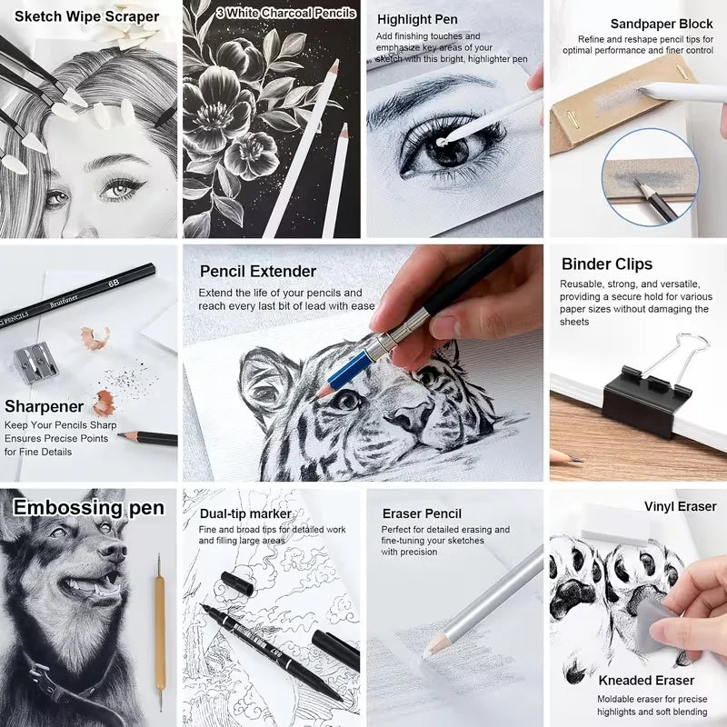 Brutfuner 18/29 Pro Juego de lápices de dibujo y bocetos de artista profesional con carbón, borradores, sacapuntas y tocones