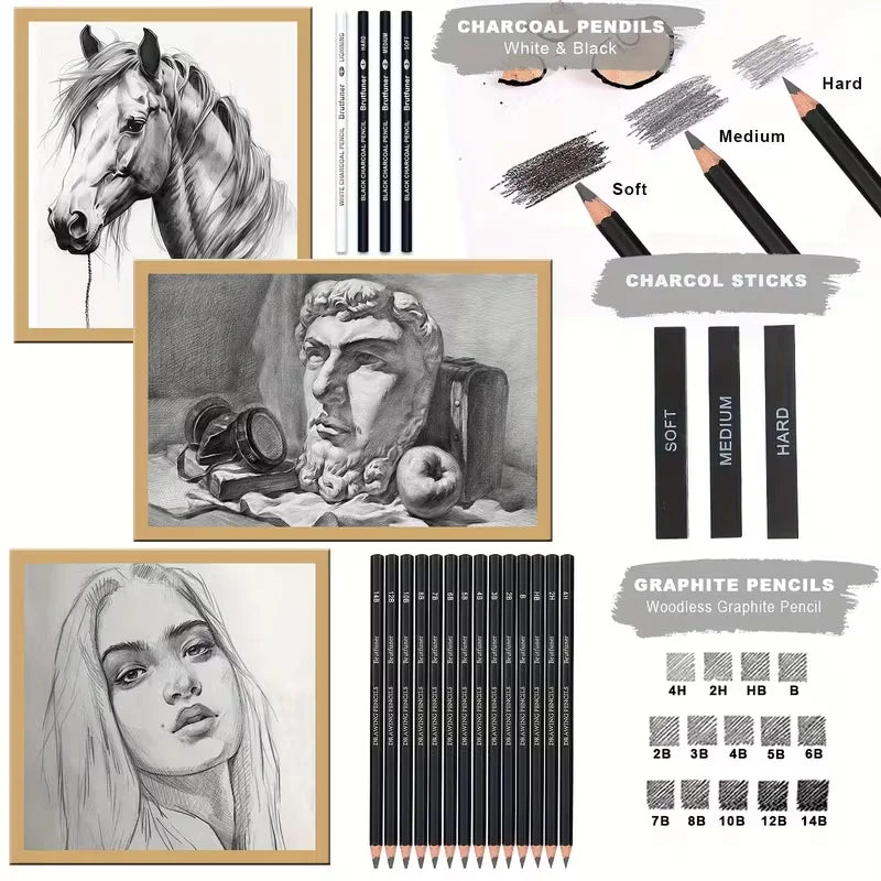 Brutfuner 18/29 Pro Juego de lápices de dibujo y bocetos de artista profesional con carbón, borradores, sacapuntas y tocones