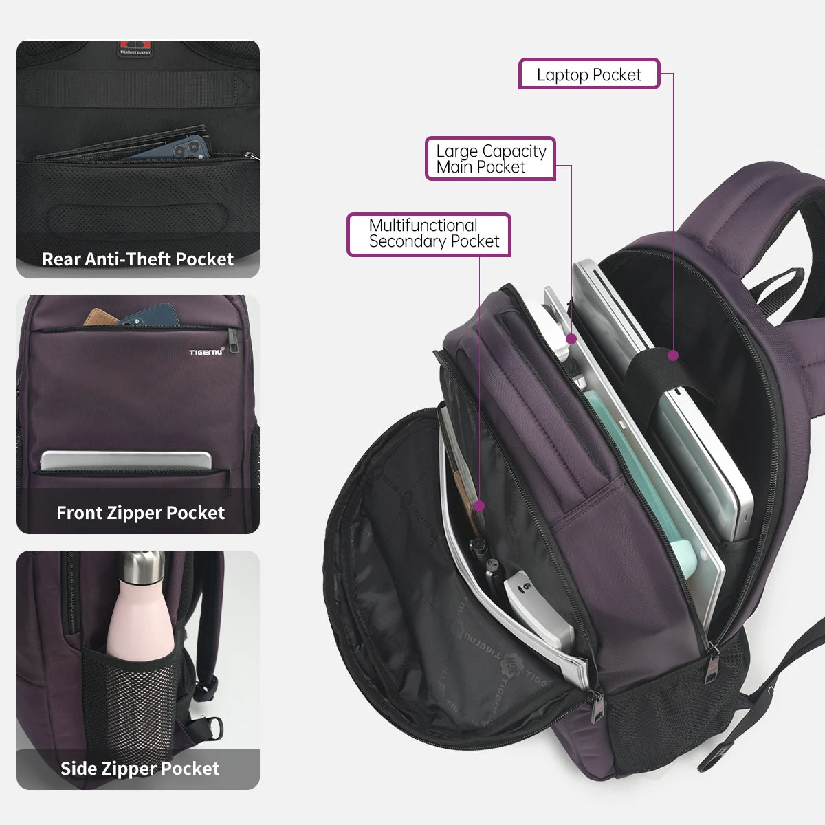 Tigernu, Mochilas de viaje informales de gran capacidad para mujer, mochila impermeable para ordenador portátil de 15,6 ", mochila escolar para mujer, Mochilas