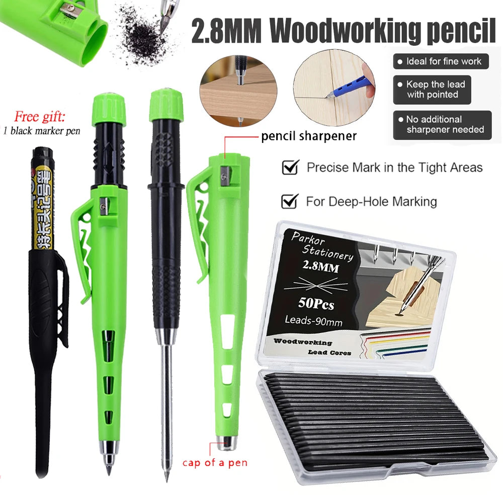 Nuevo Juego de Lápices de Carpintero Creativos de 55 mm de Largo con 50 Recambios de Mina, Lápiz de Marcado para Trabajos en Madera de 2.8 mm, Herramienta de Dibujo para Arquitectos