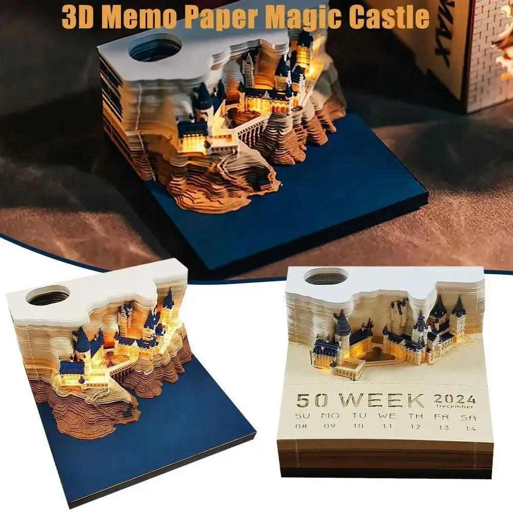 Bloc de Notas 3D 2026, Calendario Desprendible, Bloc de Notas con Luz, Diseño de Castillo Mágico, Papel de Notas con Diseño de Castillo