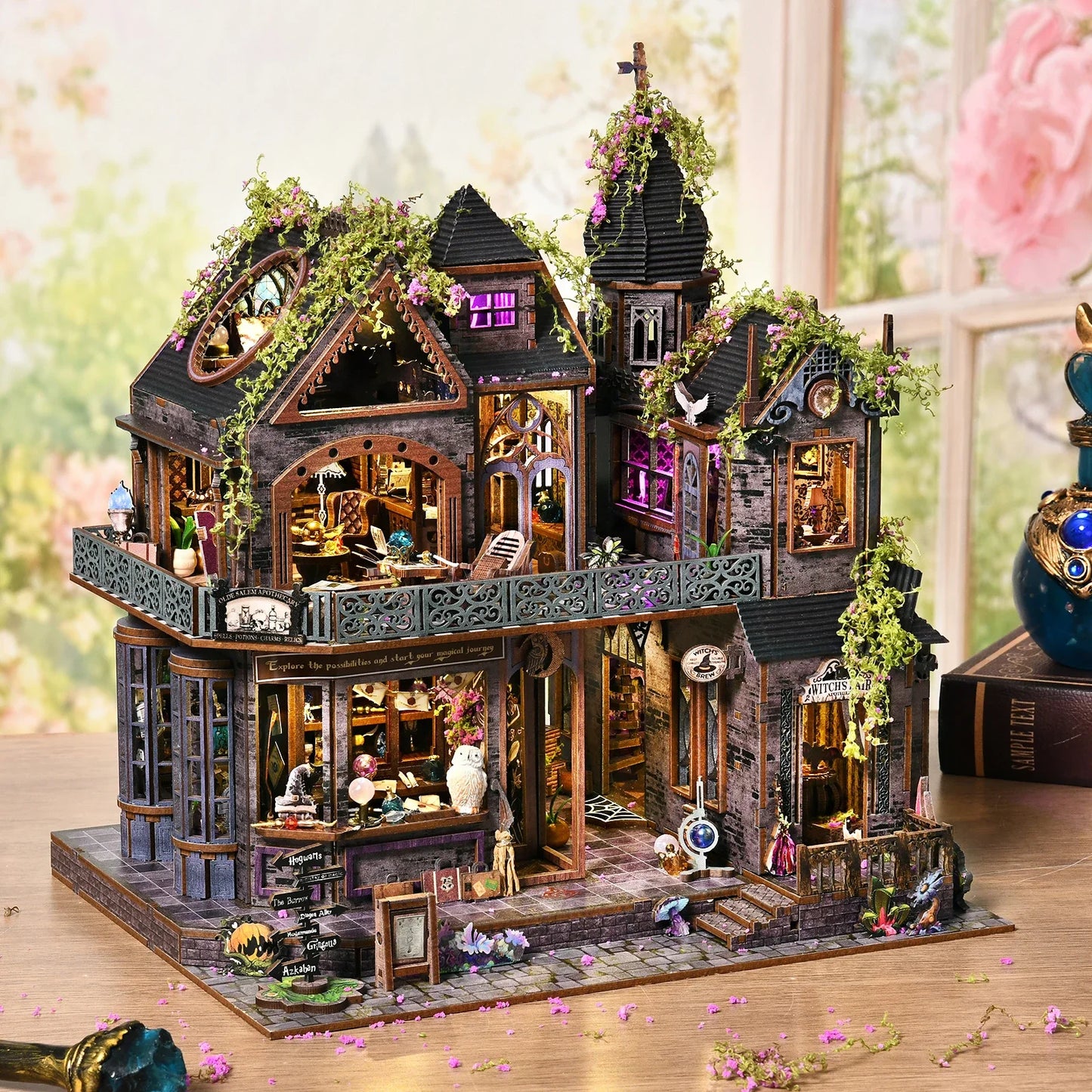 Kit de rincón de libros Magic Castle, rompecabezas de madera 3D DIY, estantería hecha a mano, modelo de casa de muñecas, sujetalibros, decoración del hogar