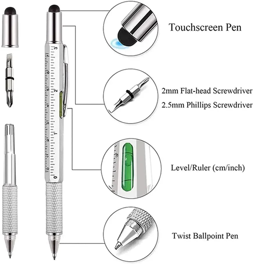 Bolígrafo multifuncional 7 en 1, lápiz capacitivo para pantalla táctil con destornillador, regla, medidor de nivel, bolígrafo recargable, herramienta