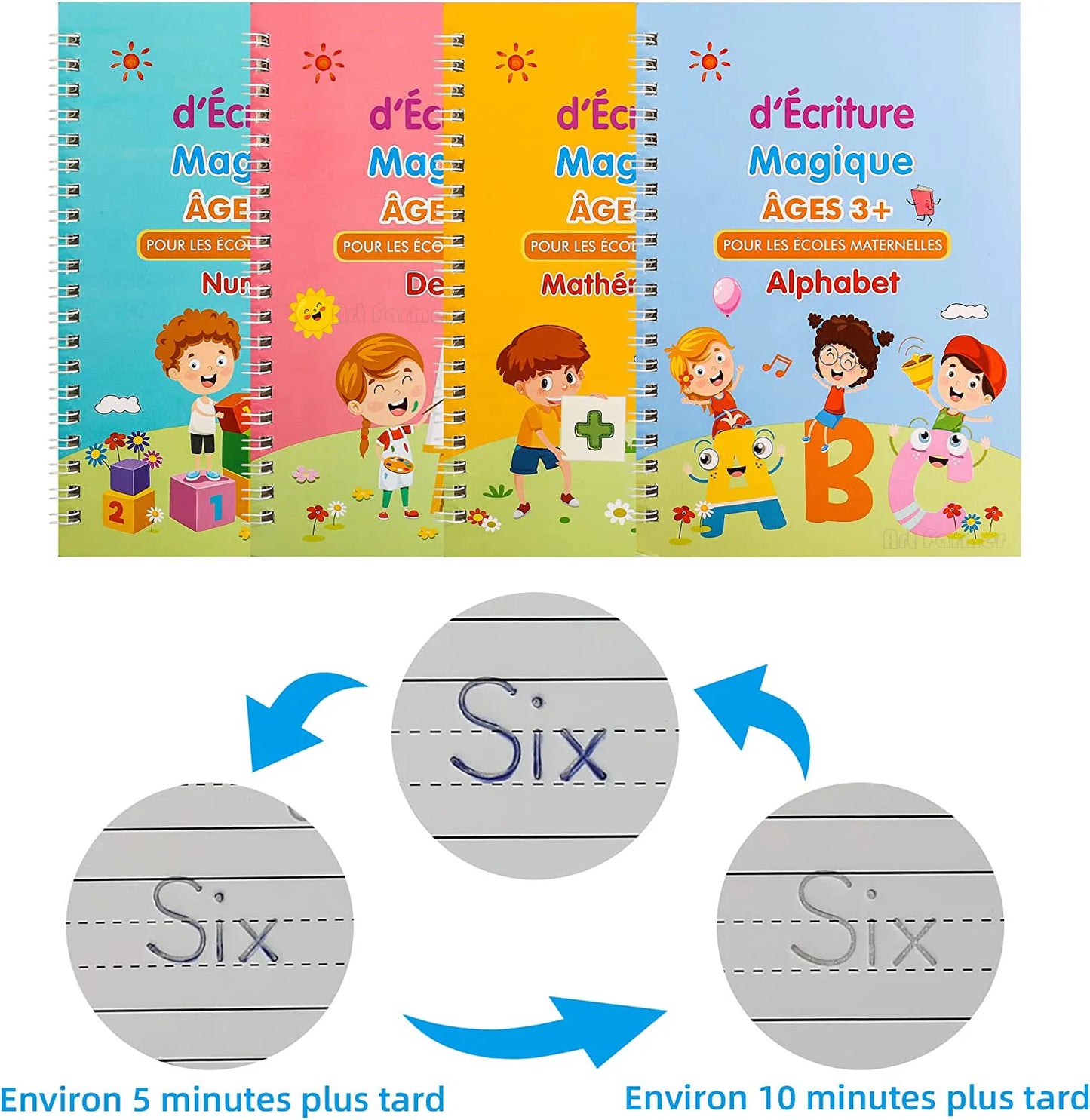 Libro de escritura mágica francesa para niños, cuadernos de matemáticas, caligrafía Montessori, aprender a escribir, libro de copia 3D, 4 libros por juego