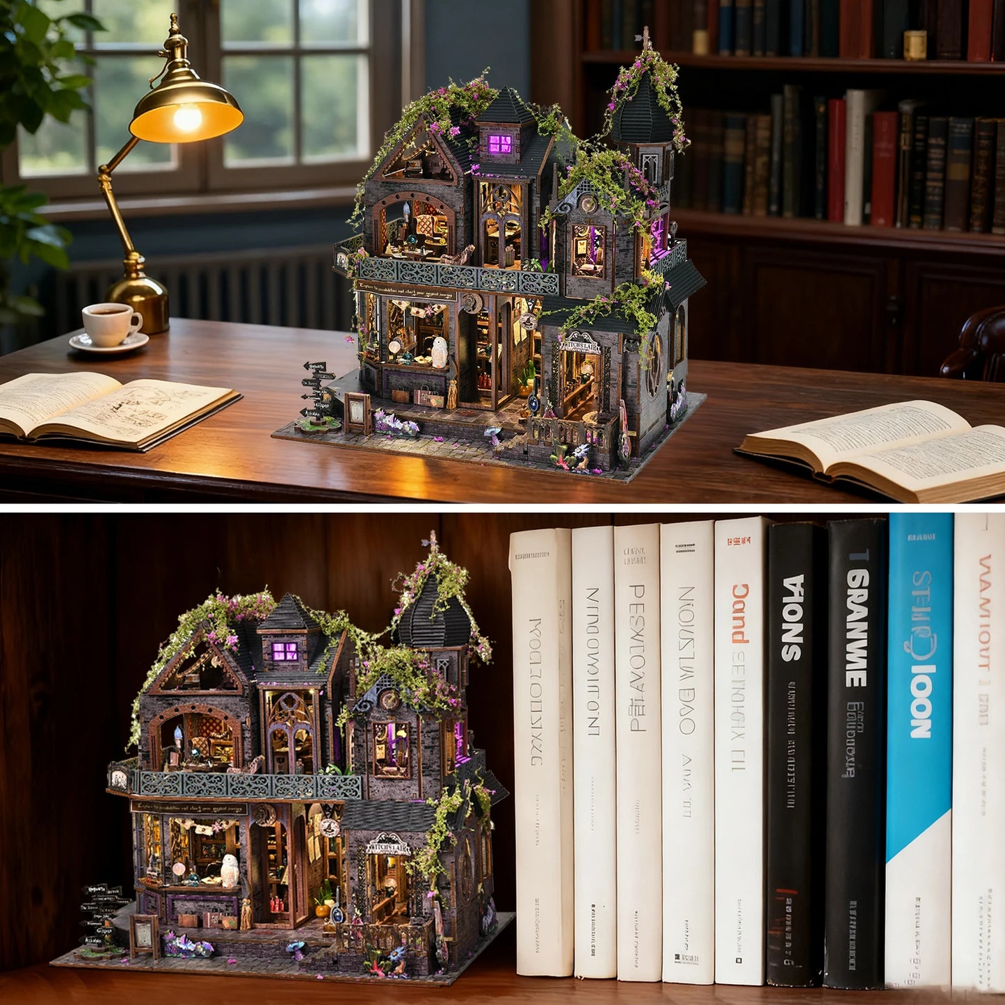 Kit de rincón de libros Magic Castle, rompecabezas de madera 3D DIY, estantería hecha a mano, modelo de casa de muñecas, sujetalibros, decoración del hogar