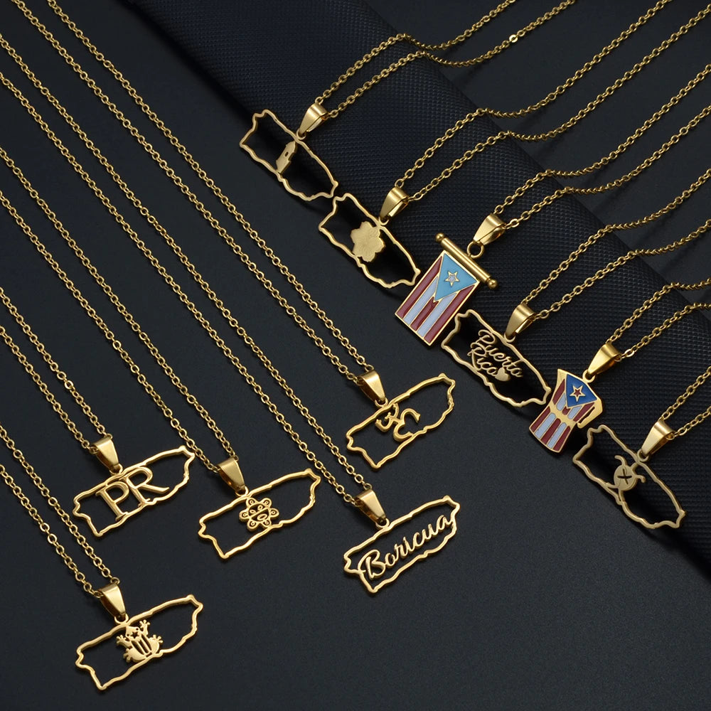 Puerto Rico mapa bandera flores máscaras Rana símbolo tradicional PR collares de hibisco para mujeres joyería de acero inoxidable # 574062