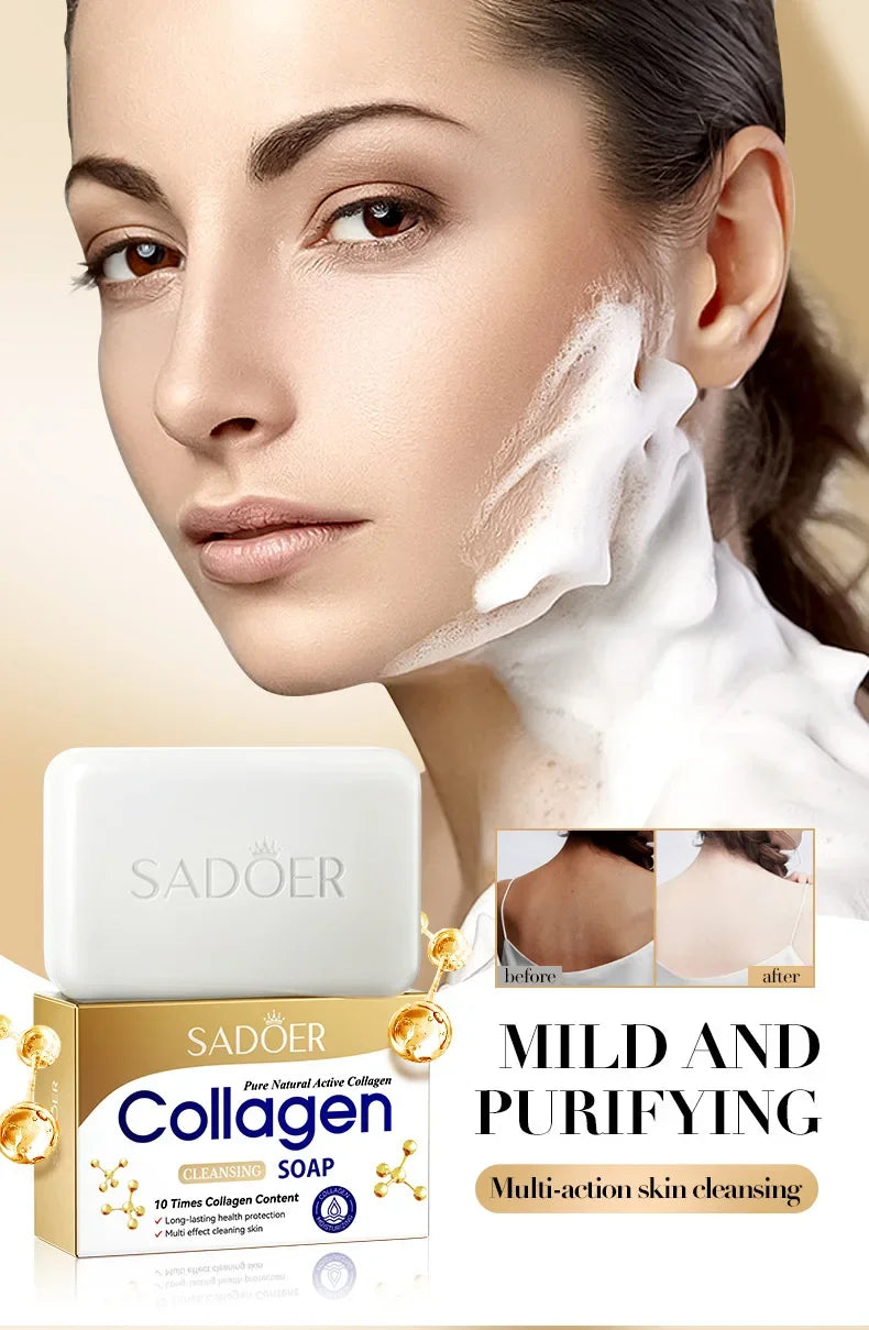 1/2/4 Uds SADOER colágeno hueso jabón Facial espuma de lavado de cara limpiador Facial hidratante Control de aceite baño corporal jabón hecho a mano