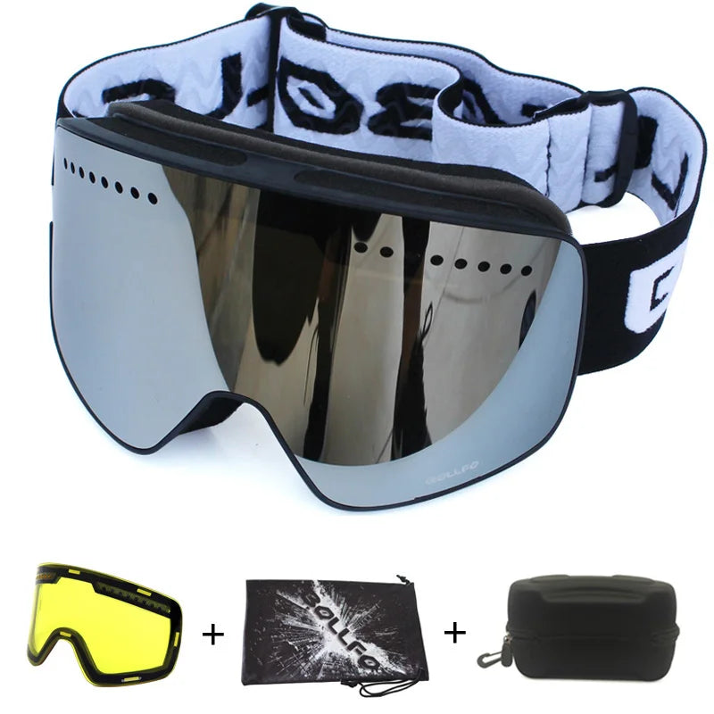 Gafas de esquí con lentes magnéticas de doble capa, máscaras antiniebla UV400, gafas de Snowboard, gafas de esquí para hombres y mujeres con estuche y lente