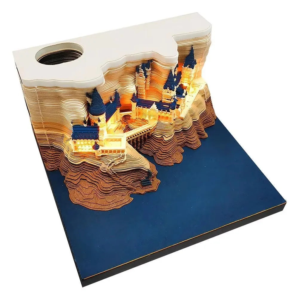 Bloc de Notas 3D 2026, Calendario Desprendible, Bloc de Notas con Luz, Diseño de Castillo Mágico, Papel de Notas con Diseño de Castillo