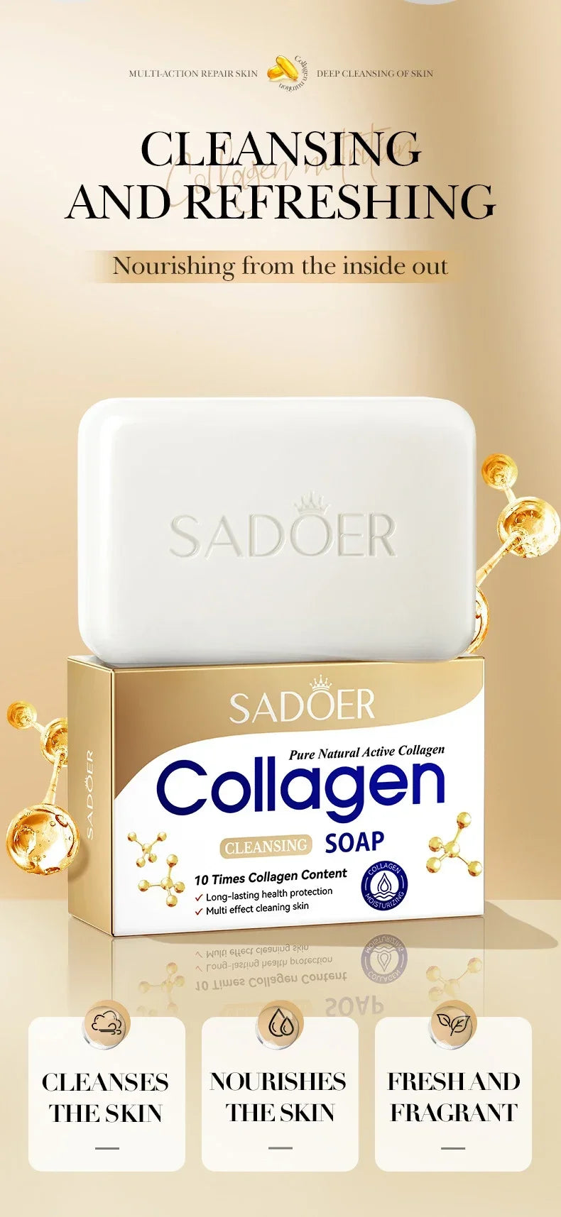 1/2/4 Uds SADOER colágeno hueso jabón Facial espuma de lavado de cara limpiador Facial hidratante Control de aceite baño corporal jabón hecho a mano