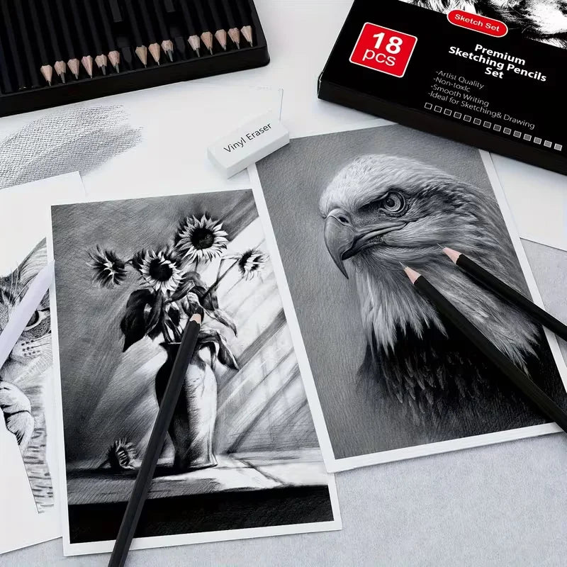 Brutfuner 18/29 Pro Juego de lápices de dibujo y bocetos de artista profesional con carbón, borradores, sacapuntas y tocones