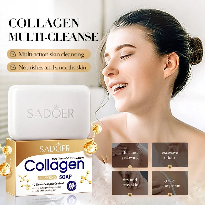 1/2/4 Uds SADOER colágeno hueso jabón Facial espuma de lavado de cara limpiador Facial hidratante Control de aceite baño corporal jabón hecho a mano