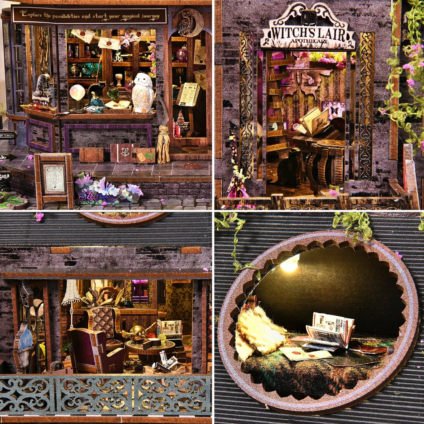 Kit de rincón de libros Magic Castle, rompecabezas de madera 3D DIY, estantería hecha a mano, modelo de casa de muñecas, sujetalibros, decoración del hogar