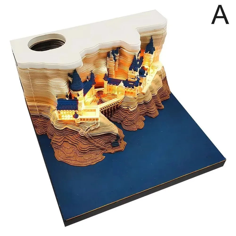 Bloc de Notas 3D 2026, Calendario Desprendible, Bloc de Notas con Luz, Diseño de Castillo Mágico, Papel de Notas con Diseño de Castillo