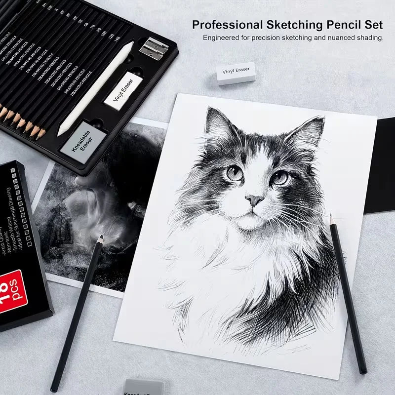 Brutfuner 18/29 Pro Juego de lápices de dibujo y bocetos de artista profesional con carbón, borradores, sacapuntas y tocones