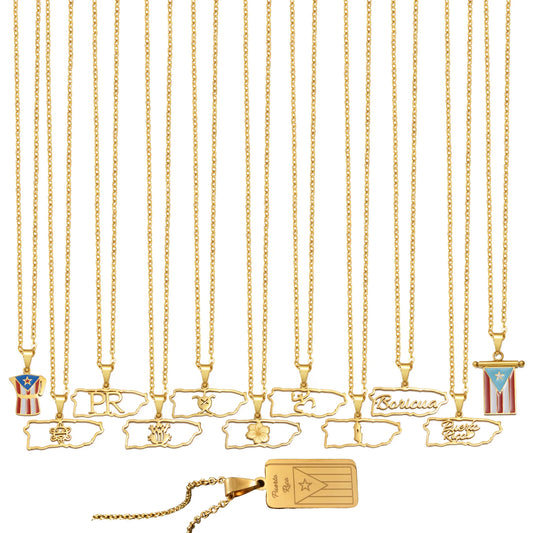 Puerto Rico mapa bandera flores máscaras Rana símbolo tradicional PR collares de hibisco para mujeres joyería de acero inoxidable # 574062