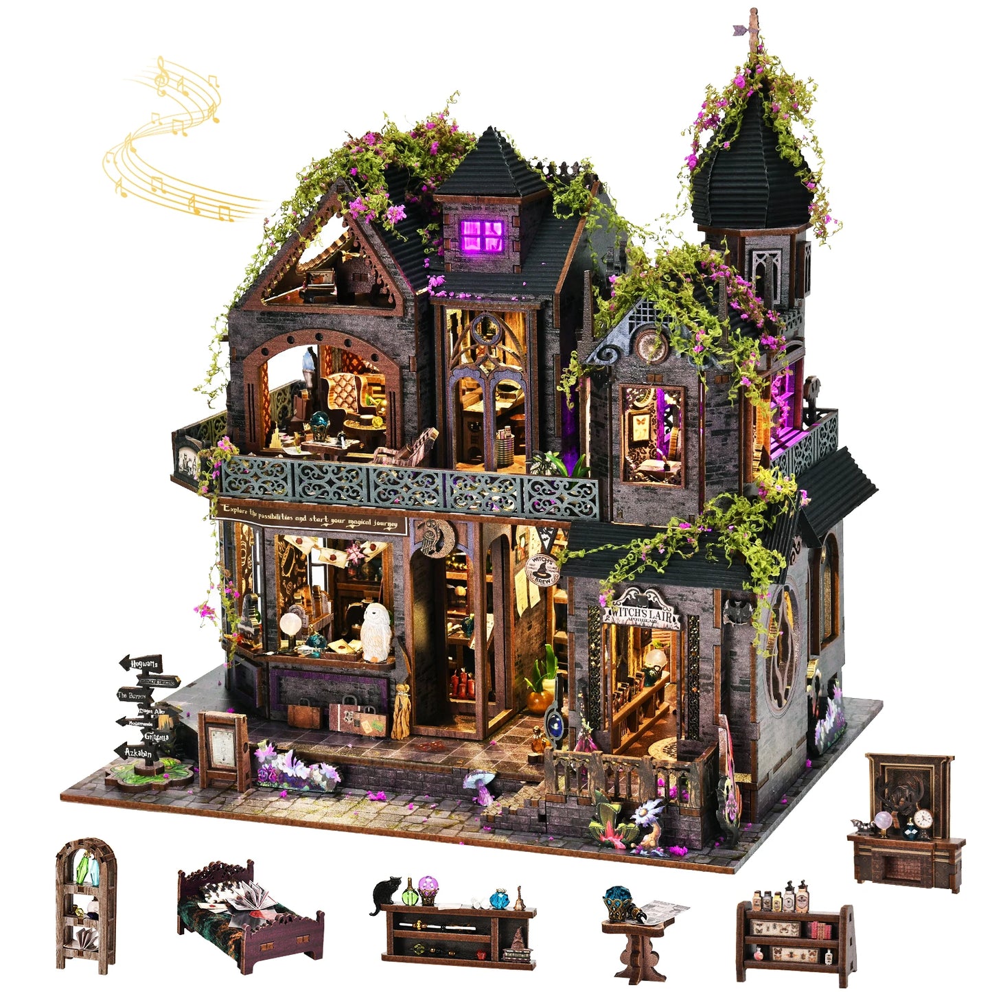 Kit de rincón de libros Magic Castle, rompecabezas de madera 3D DIY, estantería hecha a mano, modelo de casa de muñecas, sujetalibros, decoración del hogar