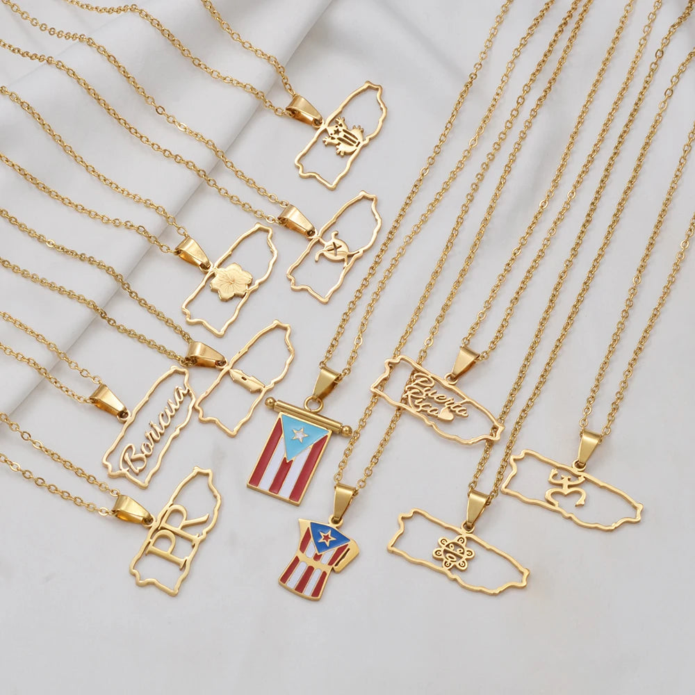 Puerto Rico mapa bandera flores máscaras Rana símbolo tradicional PR collares de hibisco para mujeres joyería de acero inoxidable # 574062