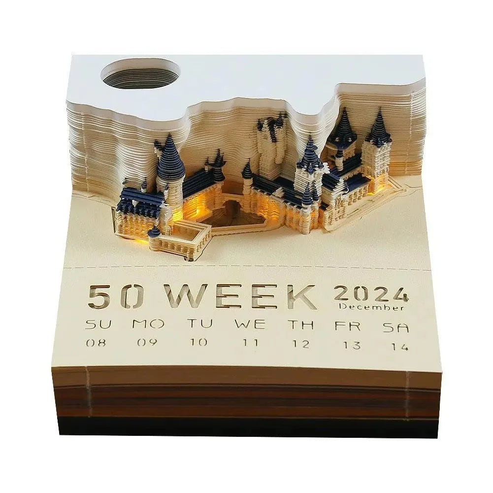 Bloc de Notas 3D 2026, Calendario Desprendible, Bloc de Notas con Luz, Diseño de Castillo Mágico, Papel de Notas con Diseño de Castillo