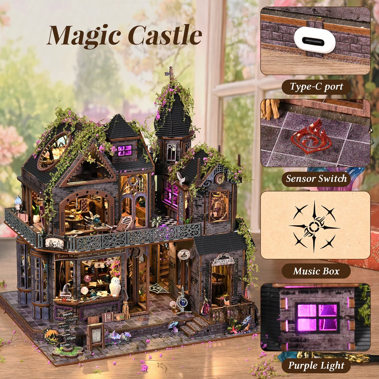 Kit de rincón de libros Magic Castle, rompecabezas de madera 3D DIY, estantería hecha a mano, modelo de casa de muñecas, sujetalibros, decoración del hogar