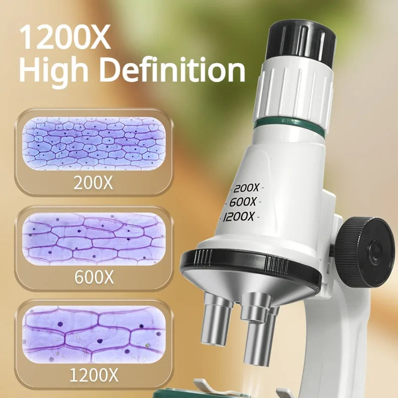 Kit de microscopio para niños, lupa portátil 200X-1200x, vástago de ciencia biológica, juguete, microscopio de bolsillo educativo escolar con luz LED