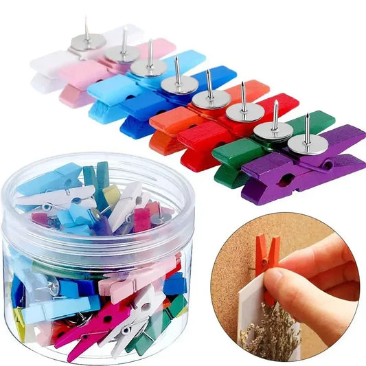 20 unids/caja Clips Pin de empuje con Clips decorativos de madera duraderos papelería para oficina y escuela chinchetas para pizarra de corcho