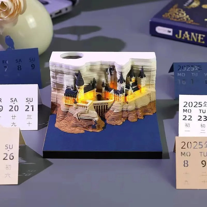 Bloc de Notas 3D 2026, Calendario Desprendible, Bloc de Notas con Luz, Diseño de Castillo Mágico, Papel de Notas con Diseño de Castillo